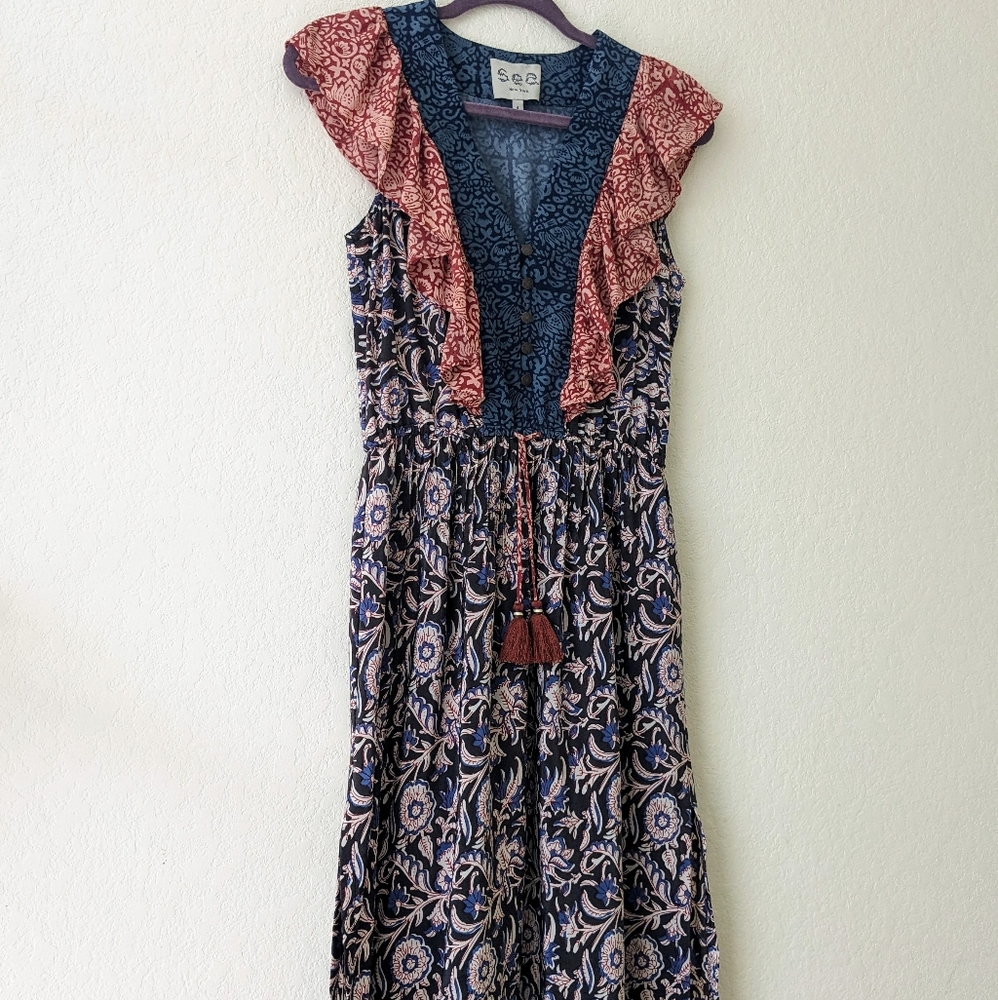SOLD Sea NY Boho Flutter Sleeve Flowers Silk Midi Dress